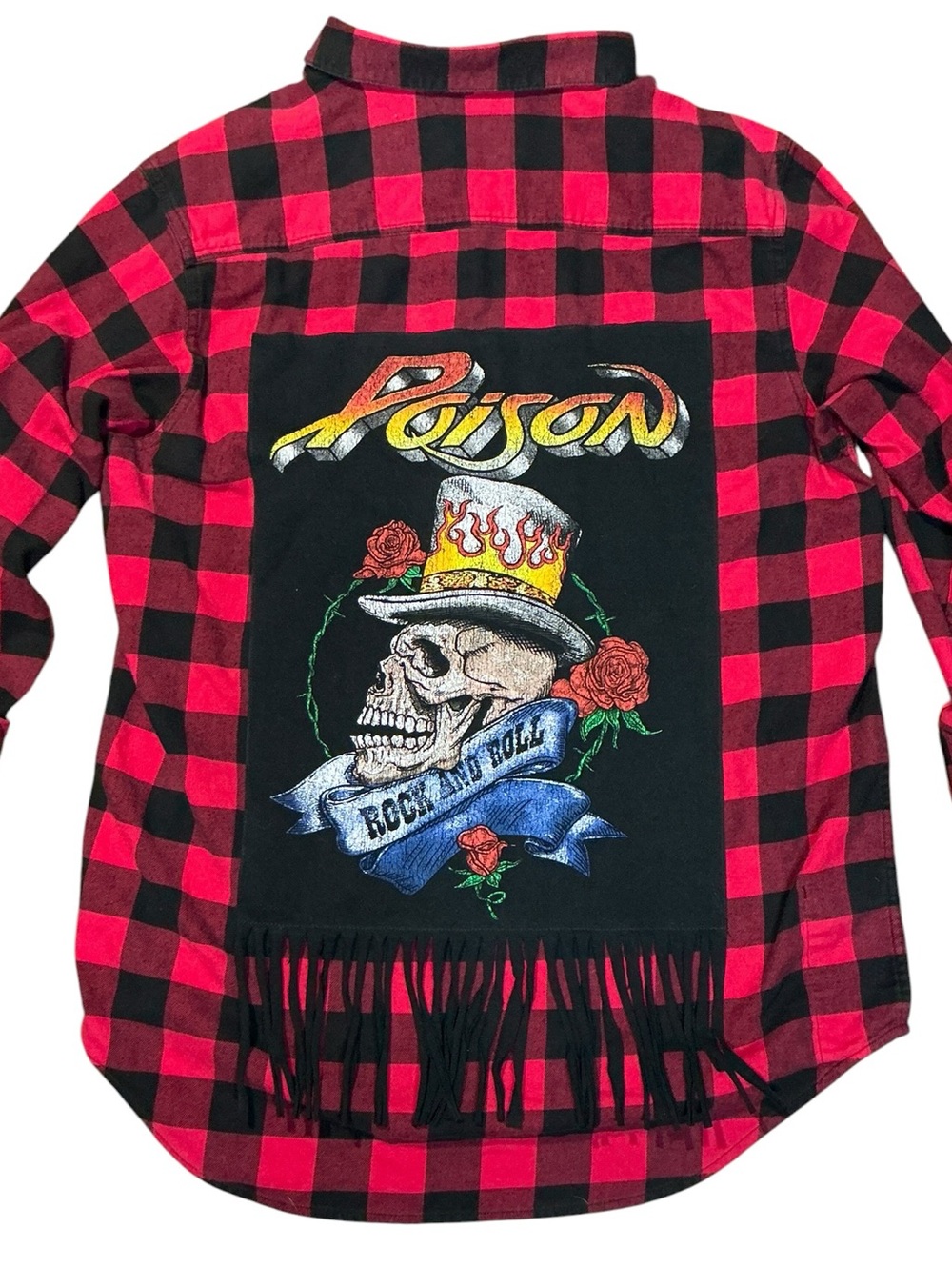 Poison Upcycled Band T Shirt Flannel Top Fringe Boyfriend Oversized
